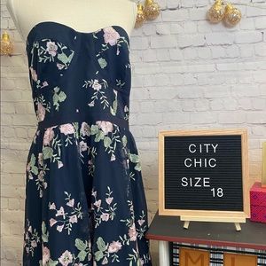 Navy Floral Embroidered City Chic Strapless Dress